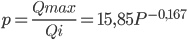 p =\frac{Qmax}{Qi} = 15,85 P^{-0,167}